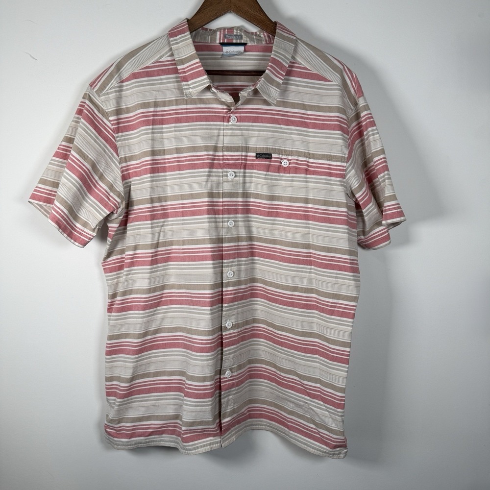Columbia Men's Short Sleeve Button Down Polo Horizontal Stripe Coral Tan Outdoor